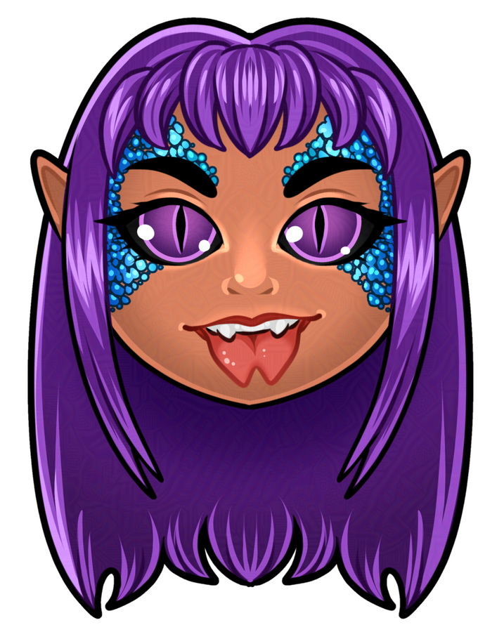 a chibi face of a purple haired elf with a forked tongue