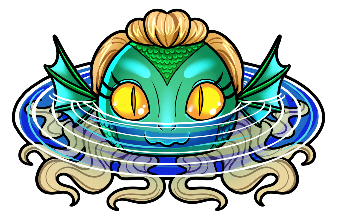cute chibi face of a swamp monster lady in a water pool