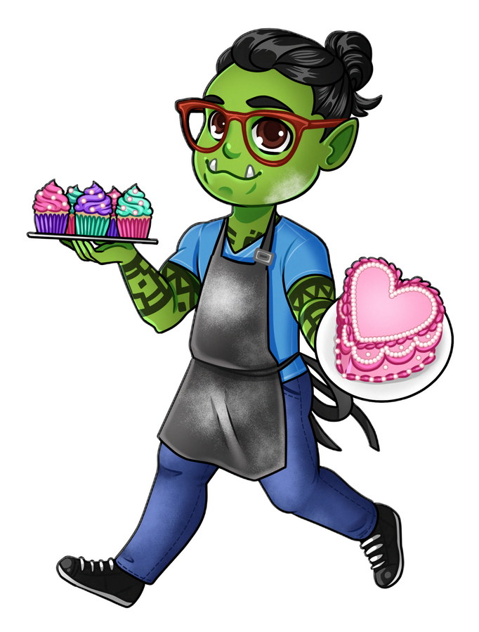 an orc man baker holding cupcakes and a heart shaped cake