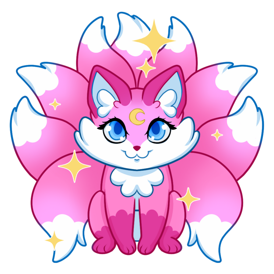 a pink 9 tailed fox with sparkles and a crescent moon on its forehead