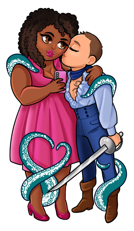 Orthia and Delphini from The Pirate Queen of Ruin by Ash Raven a plus sized woman and a short haired pirate woman with a sword, surrounded by tentacles