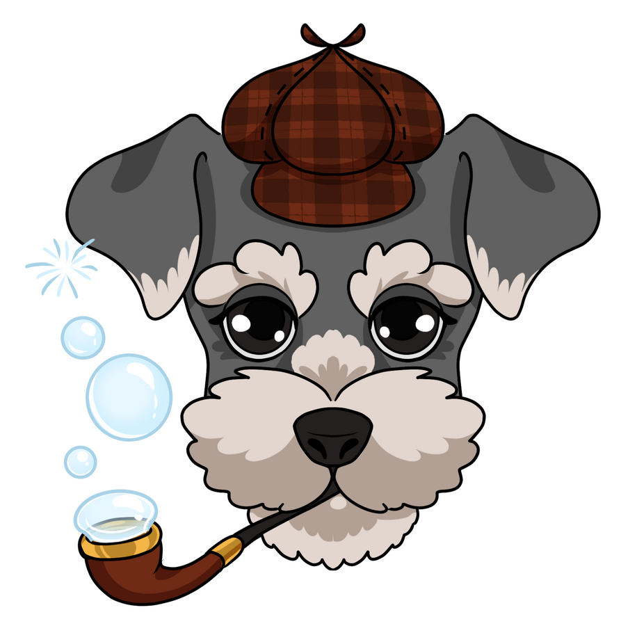 a mini schnauzer's face wearing a sherlock holmes hat and a bubble pipe