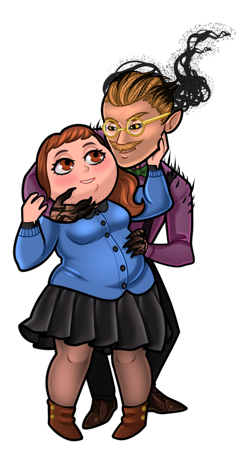 Augustine and Joanna from The Librarian of Souls by Ash Raven A plus sized woman being embraced by a boogie man