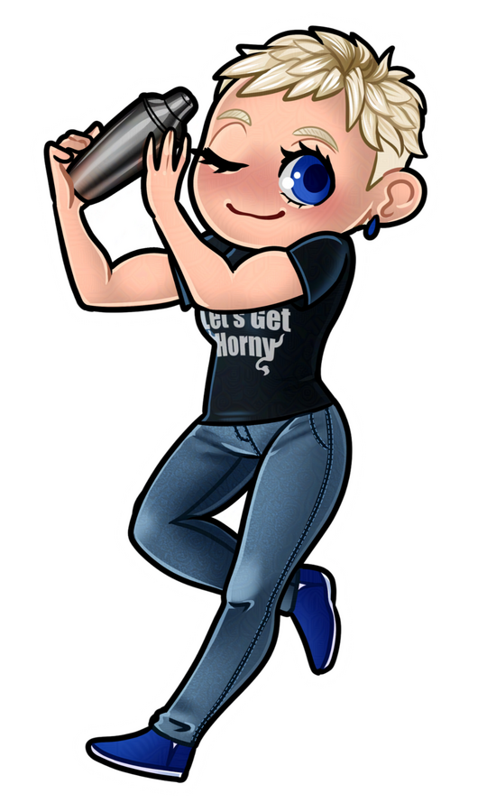 Shilah Bartender Chibi for DJ Russo a chibi bartender holding a drink shaker, her shirt says "let's get horny"