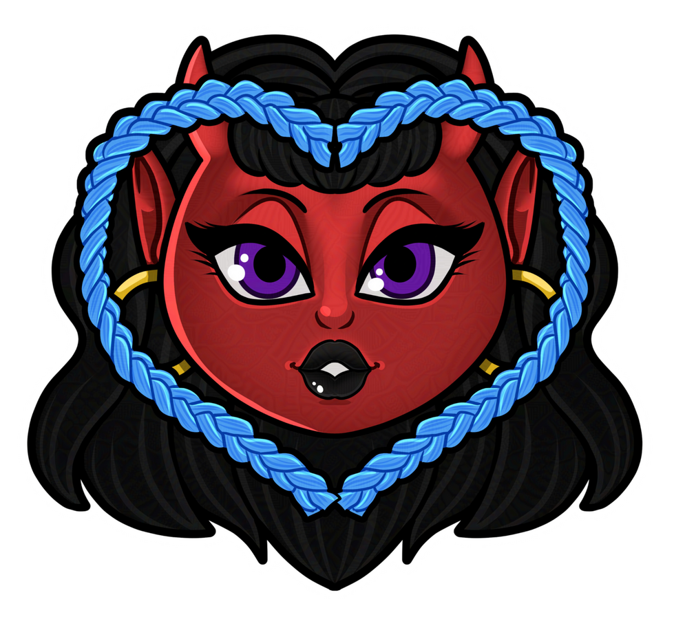 cute chibi demon lady with a blue twizzlers heart framing her face