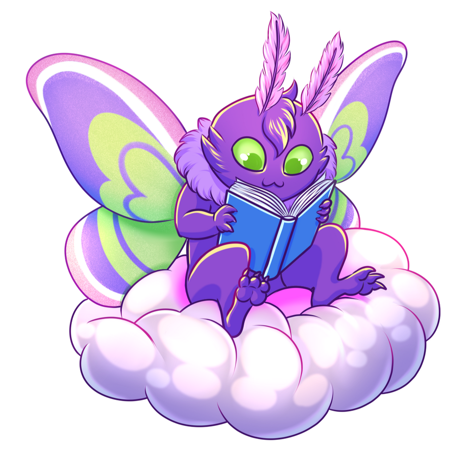Moon the Mothman for Strange Love Indy a purple mothman reading a book sitting on a cloud