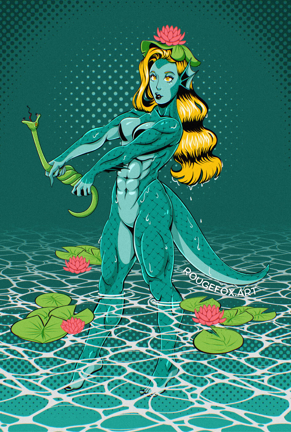 a muscular swamp monster woman with a lily pad on her head wringing out a snake