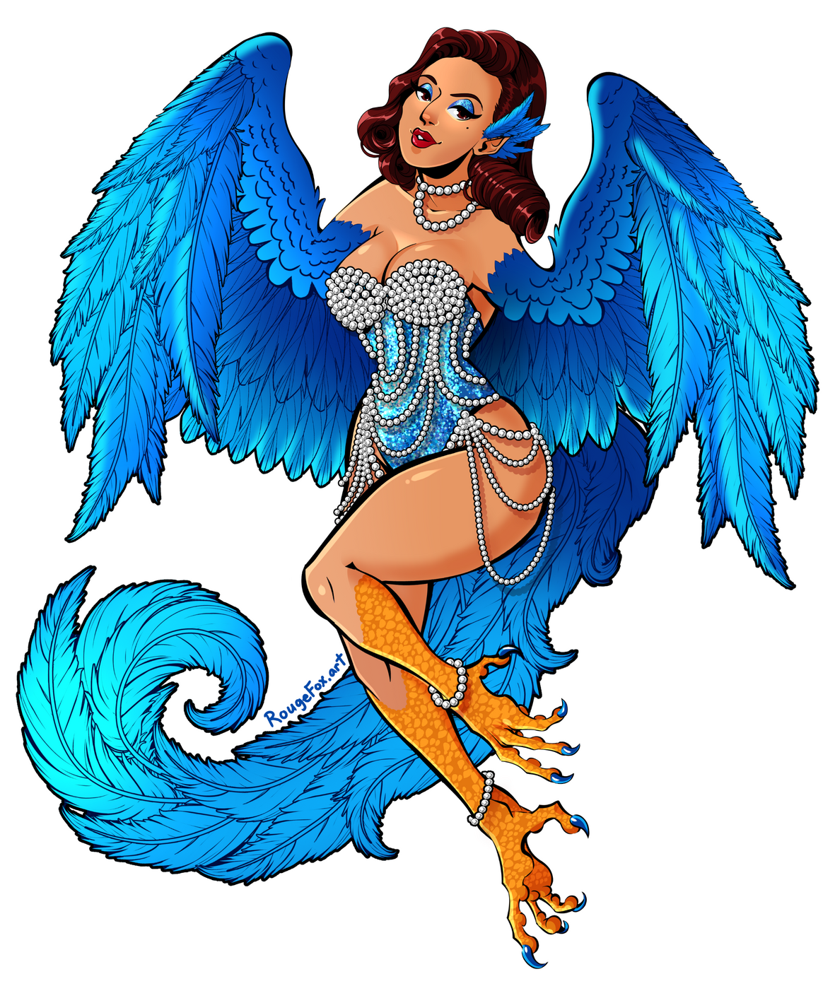a brunette siren with blue wings and bird tail wearing a showgirl outfit covered in pearls