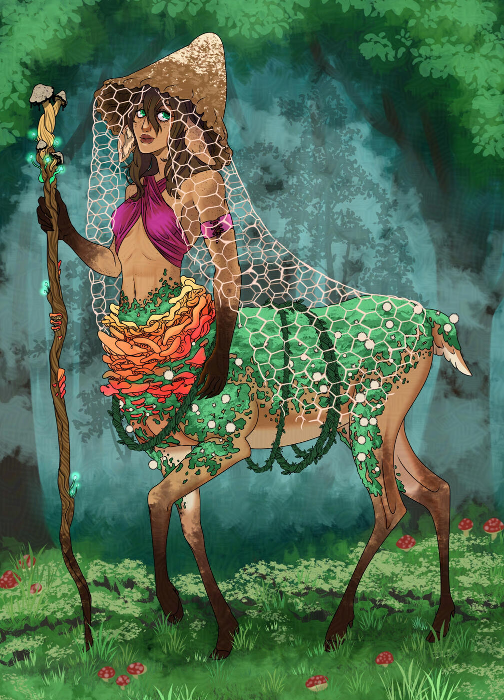 a mushroom themed cervitaur (like a centaur but half deer)