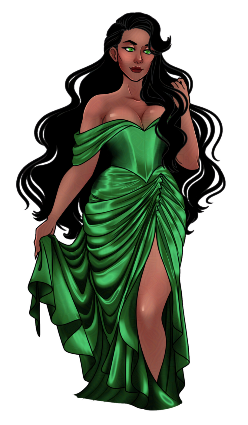 a woman in a satin green dress