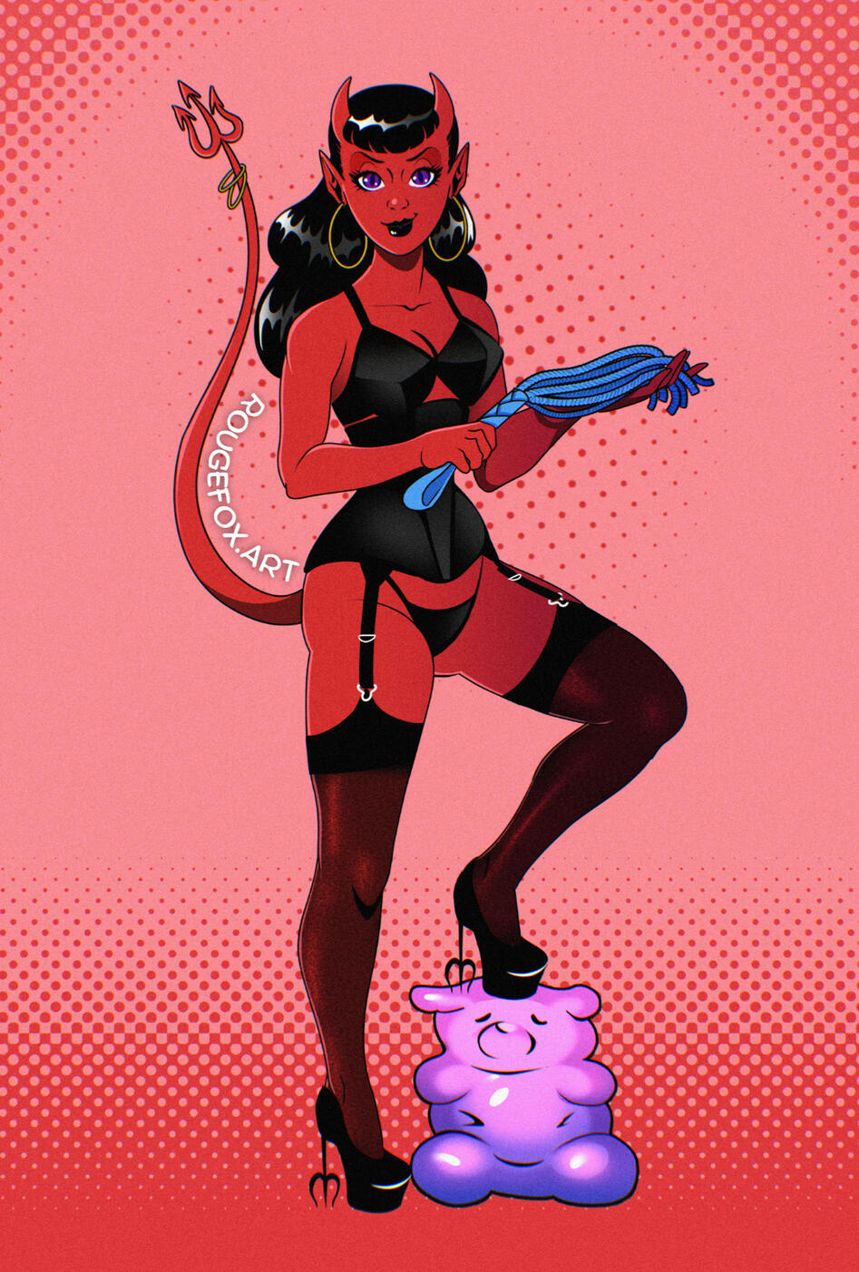 a red demon woman with a flogger made of candy and her foot on a gummy bear