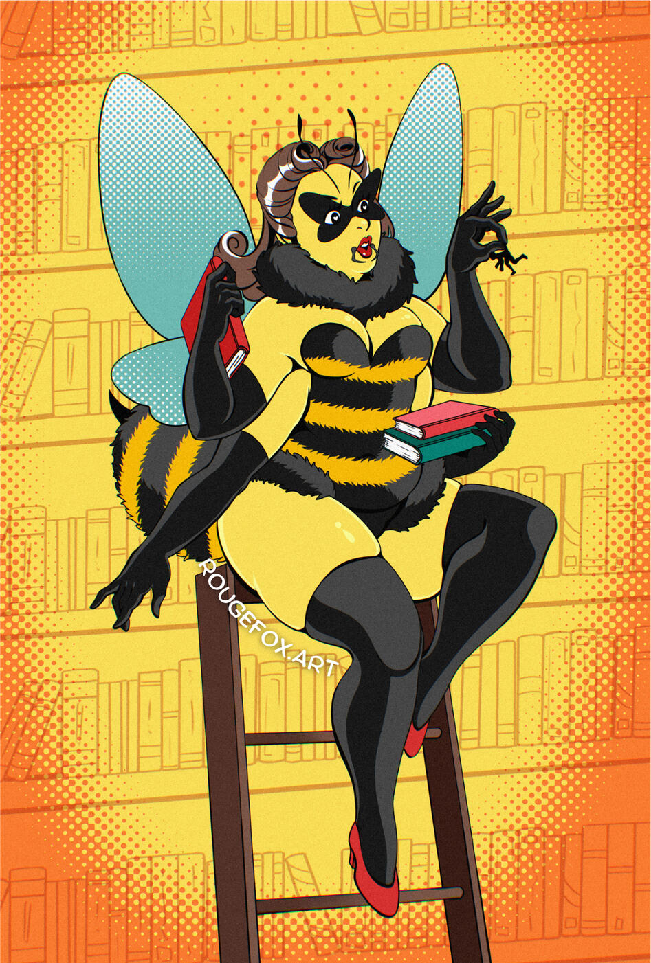 a plus sized bee woman holding books and a tiny man