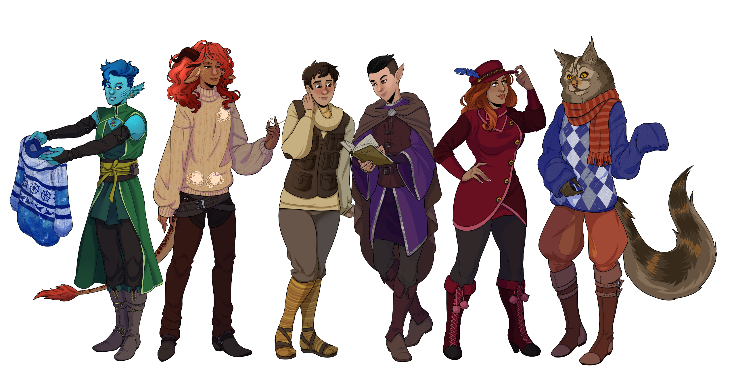 a water genasi man, a tiefling man, a human enby, an elven man, a human woman, and a tabaxi all wearing cozy sweaters