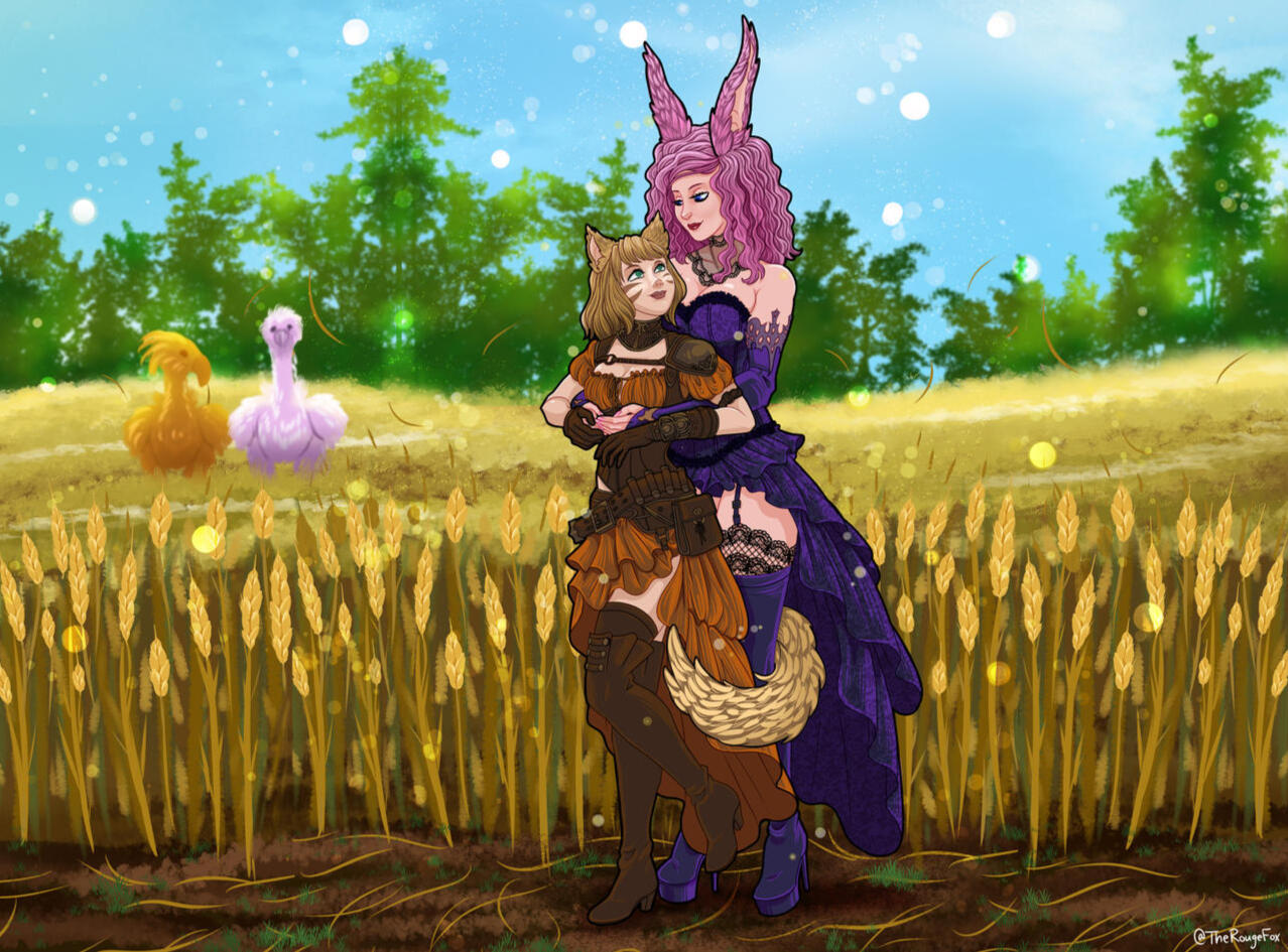 a bunny girl and a cat girl embracing in a field