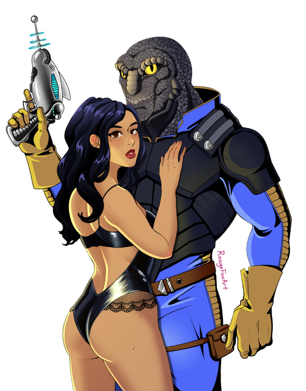 a black haired woman in lingerie with her hands on an alien bounty hunter with a retro phaser pistol