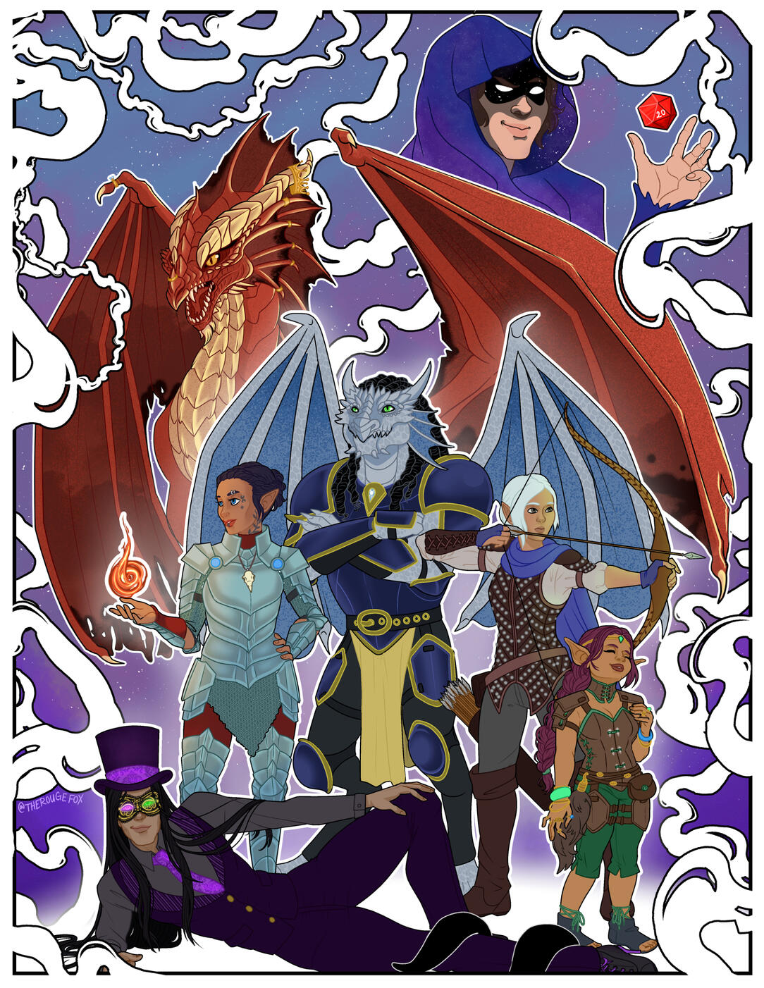 a D&D party with a red dragon and the dungeon master in the background