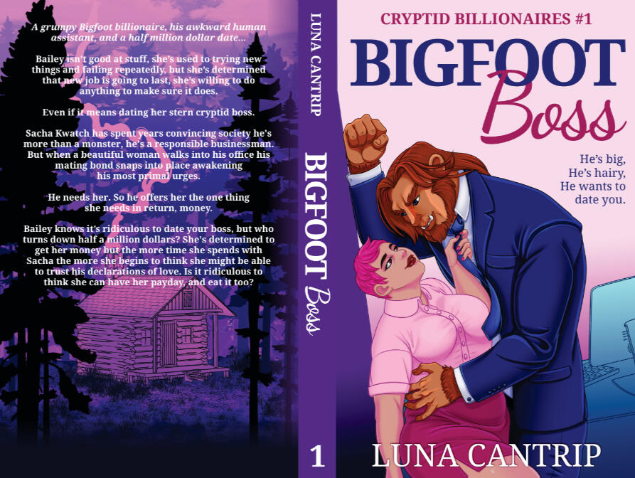 a pink themed human woman with Bigfoot in a blue suit