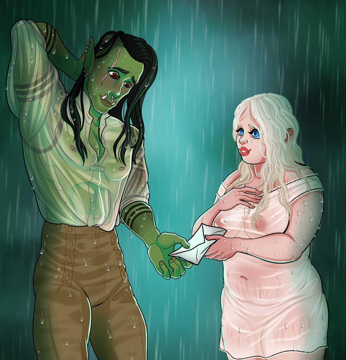 an orc giving a plus sized human woman a love letter in the rain
