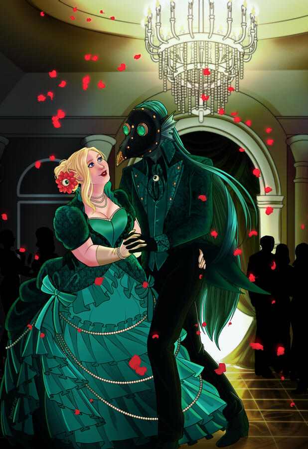 a blonde elf woman in a green wedding dress dancing with an aquatic man wearing a plague doctor mask and a green suit