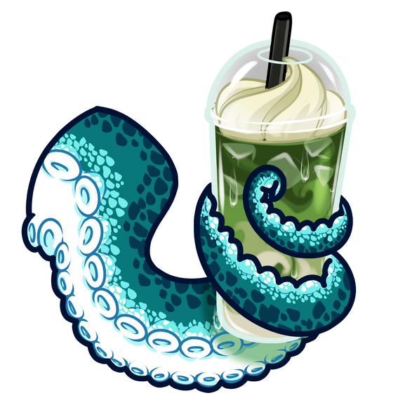 a tentacle holding an iced matcha latte with whipped cream