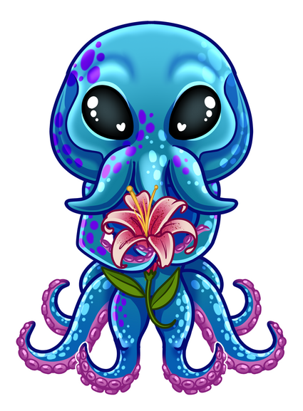 an octopus man holding a pink lily
