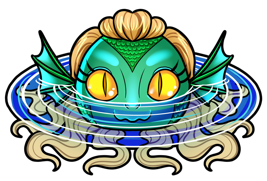 a chibi monster woman peeking out of the water