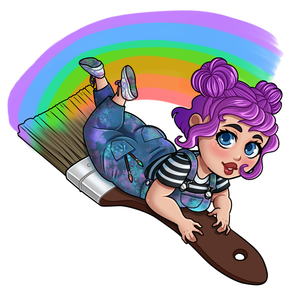 A plus sized woman with purple hair riding an oversized paintbrush