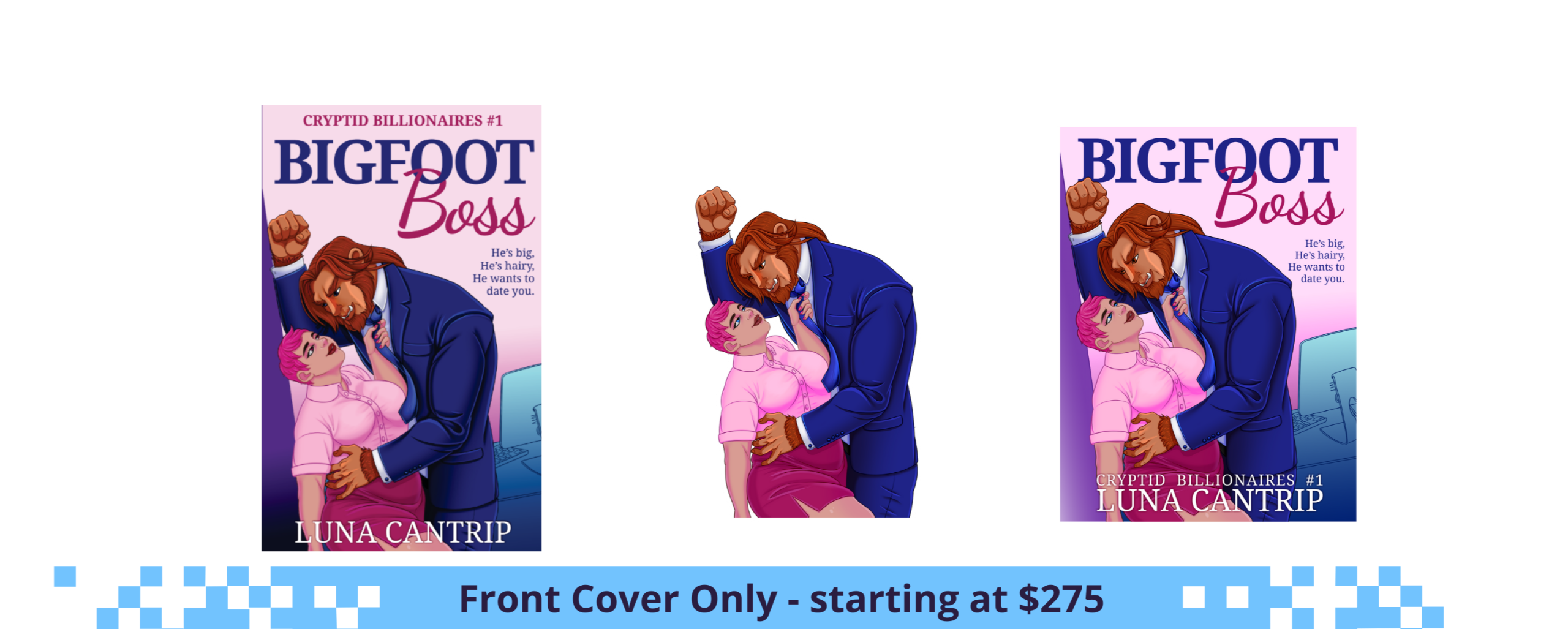 front cover only - starting at $275, front cover with layout and typesetting, PNGs of illustrated elements for stickers & marketing, and ebook cover layout adjustment